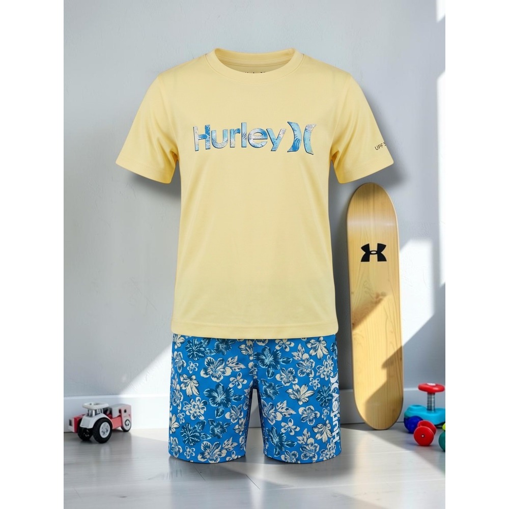 Hurley Kids 2-Piece Swim Set Floral Graphic T-Shirt and Board Shorts Size 6